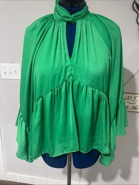 Women’s Green High-Neck Gathered Peasant Blouse